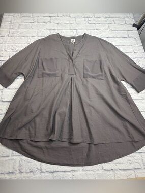Anne Klein Slate Gray Collarless Tunic Top. Size XL